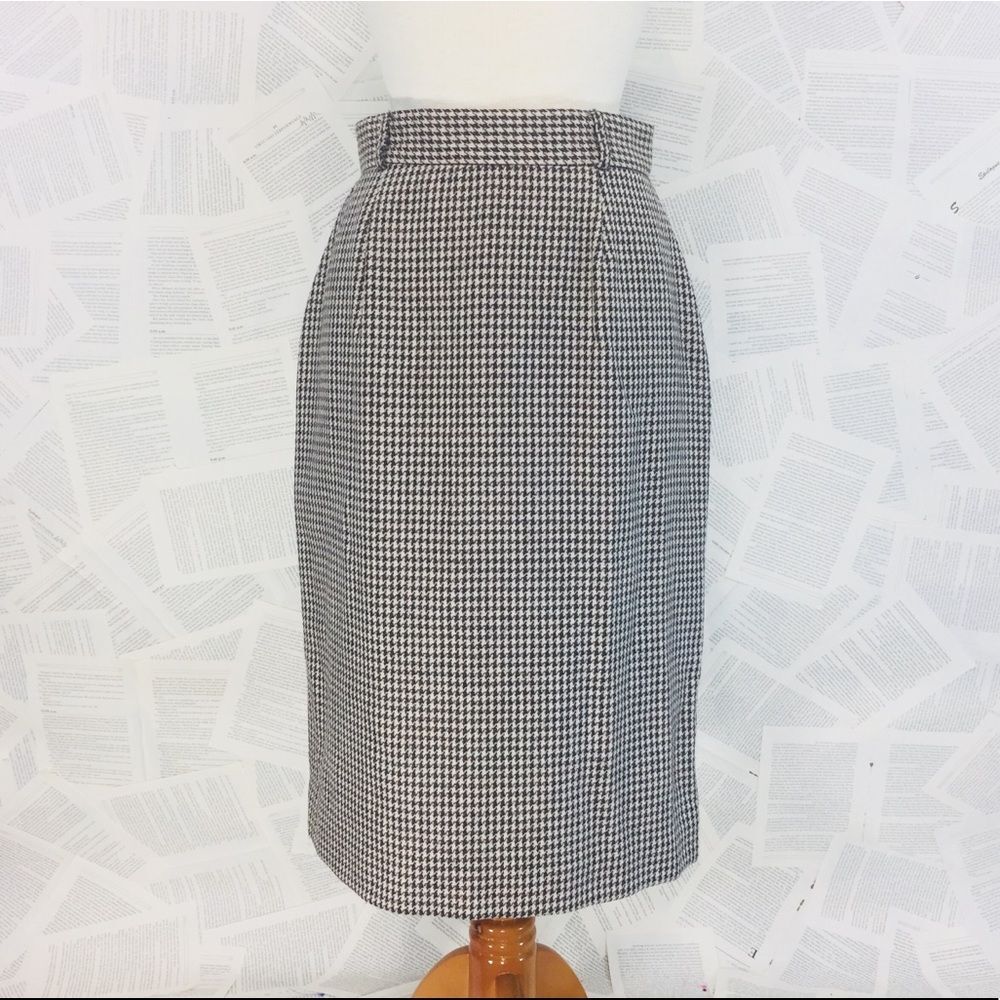 Vintage Straight Line Brown Houndstooth Midi Skirt